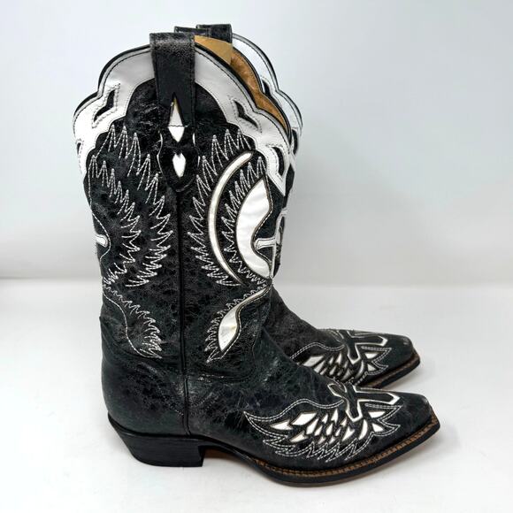 J.B. Dillon Black White Goat Leather Cowgirl Boots 6 Wings Cross Mexico Western - Picture 7 of 12